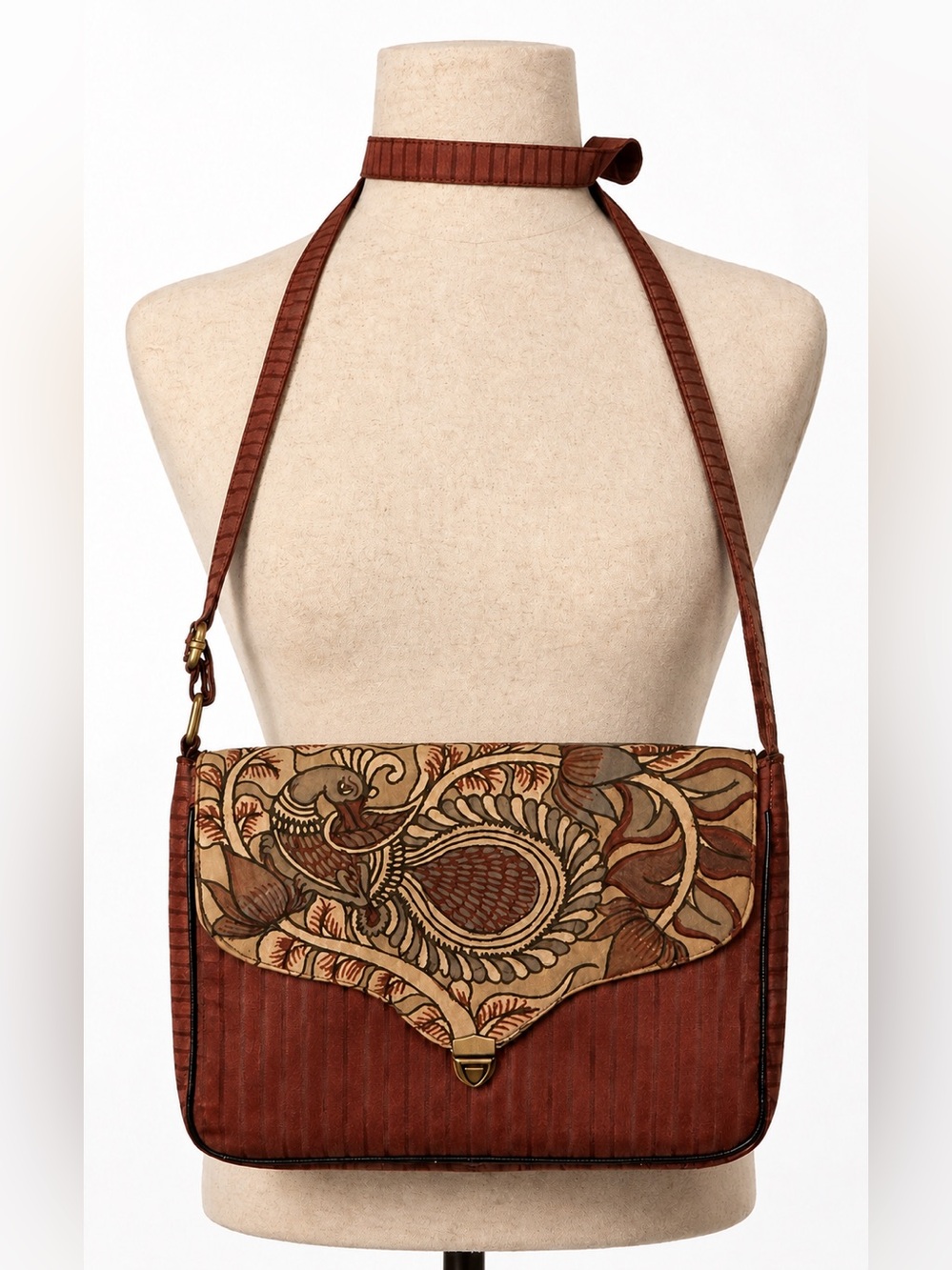 70s Vintage Indonesian peacock boho fabric purse / bag. Rust Crossbody